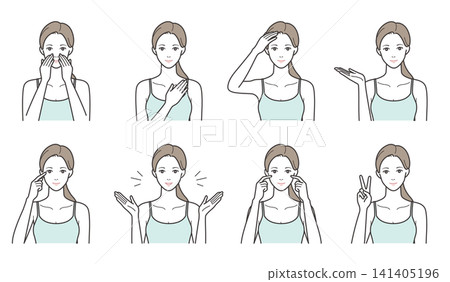 A set of 8 illustrations showing variations in women's beauty care and poses (guide, care for specific body parts, and poses). A set of 8 illustrations showing variations in women's beauty care and poses (guide, care for specific body parts, and poses). 141405196