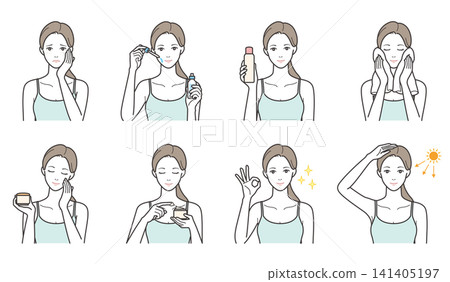 一套 8 幅插圖,描繪了女性的護膚、美容問題和化妝品(滴管、乳霜、紫外線護理和相關問題)。 一套 8 幅插圖,描繪了女性的護膚、美容問題和化妝品(滴管、乳霜、紫外線護理和相關問題)。 141405197