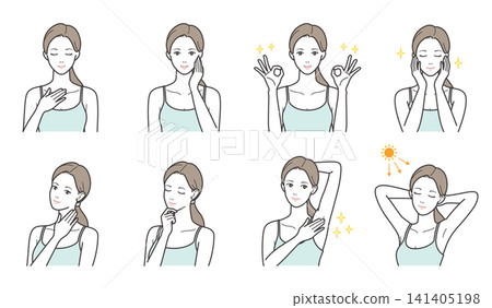 A set of 8 illustrations for women's body care, hair removal, and skincare (underarms, neck, hands, and UV protection). A set of 8 illustrations for women's body care, hair removal, and skincare (underarms, neck, hands, and UV protection). 141405198
