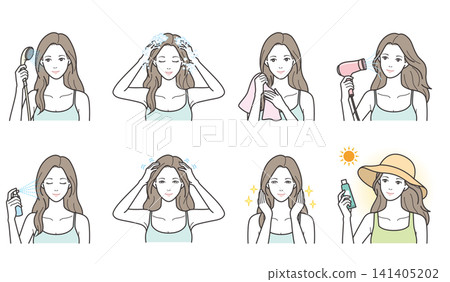An 8-piece illustration set of a woman washing her hair, hair care, and UV protection (shampoo, hairdryer, scalp massage, hat). An 8-piece illustration set of a woman washing her hair, hair care, and UV protection (shampoo, hairdryer, scalp massage, hat). 141405202