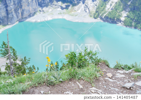 Scenic landscape of Oeschinensee or turquoise Oeschinen Lake in summer under blue sky with wildflowers and Stunning Swiss Alps. Spectacular green meadow hiking trail view, Kandersteg, Switzerland Scenic landscape of Oeschinensee or turquoise Oeschinen Lake in summer under blue sky with wildflowers and Stunning Swiss Alps. Spectacular green meadow hiking trail view, Kandersteg, Switzerland 141405487