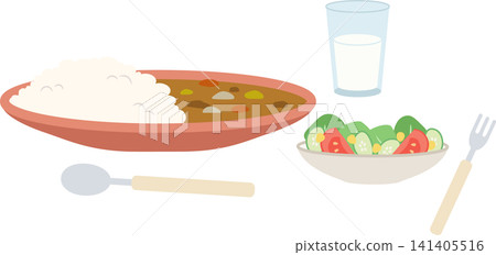 A set of illustrations of curry rice and salad - usable for lunch or recipes. 141405516