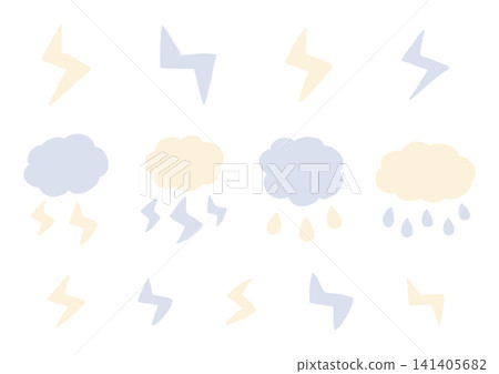 A set of hand-drawn shapes in the shape of lightning and clouds (yellow and blue). A set of hand-drawn shapes in the shape of lightning and clouds (yellow and blue). 141405682