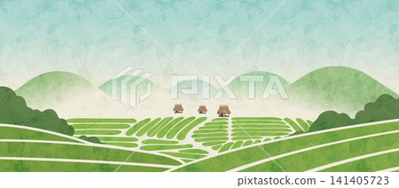 An illustration of a tea plantation landscape, evoking the season of new tea. An illustration of a tea plantation landscape, evoking the season of new tea. 141405723