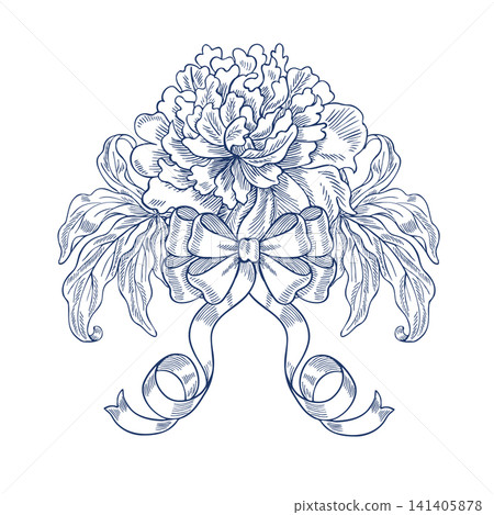 A bouquet of peonies with a bow. Vector, graphic illustration in blue. Hand-drawn. On a white background. For designing postcards, invitations, and greetings. For labels, packaging, and more. A bouquet of peonies with a bow. Vector, graphic illustration in blue. Hand-drawn. On a white background. For designing postcards, invitations, and greetings. For labels, packaging, and more. 141405878