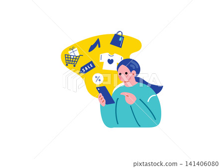 一位女士正在用智慧型手機購物的插圖 一位女士正在用智慧型手機購物的插圖 141406080