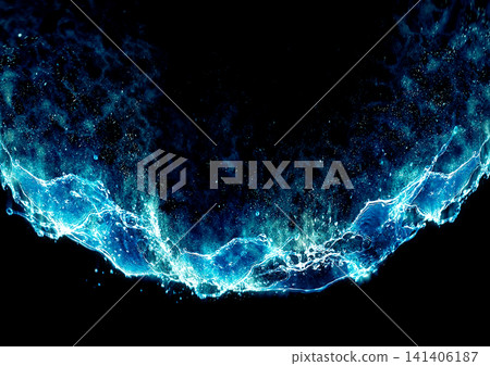 Abstract 3D illustration of blue water splashes against a black background | Clean, fluid water waves and splashes Abstract 3D illustration of blue water splashes against a black background | Clean, fluid water waves and splashes 141406187