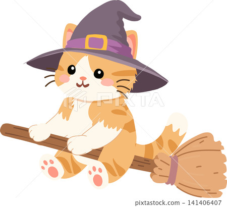 Cute orange witch cat flying on a broom in a magical Halloween scene during October 141406407