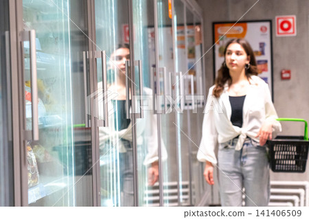 A Young Woman Shopping in a Supermarket Frozen Aisle with an Empty Basket, Reflecting on her Choices Amidst Transparent Freezer Doors. A Young Woman Shopping in a Supermarket Frozen Aisle with an Empty Basket, Reflecting on her Choices Amidst Transparent Freezer Doors. 141406509
