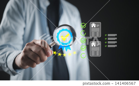 Man holding magnifying glass real estate inspection quality assurance property house home document contract mortgage approval certified badge evaluation. Man holding magnifying glass real estate inspection quality assurance property house home document contract mortgage approval certified badge evaluation. 141406567