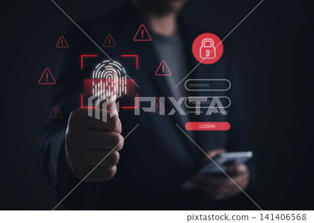 Hand scanning fingerprint biometric security threat warning alert cyber attack login password interface access denied digital identity theft fraud. Hand scanning fingerprint biometric security threat warning alert cyber attack login password interface access denied digital identity theft fraud. 141406568