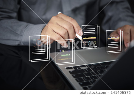 Hand businessman laptop stylus analyzing virtual document data analytics report business chart interface future technology digital transformation financial statistics. Hand businessman laptop stylus analyzing virtual document data analytics report business chart interface future technology digital transformation financial statistics. 141406575
