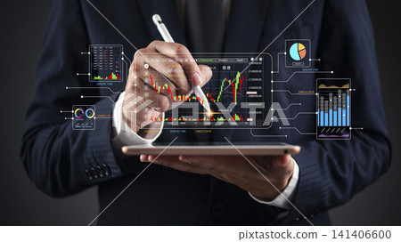 Businessman holding tablet and stylus with virtual stock market trading dashboard hologram. Concept of advanced financial data analytics, fintech investment application and corporate wealth strategy. Businessman holding tablet and stylus with virtual stock market trading dashboard hologram. Concept of advanced financial data analytics, fintech investment application and corporate wealth strategy. 141406600