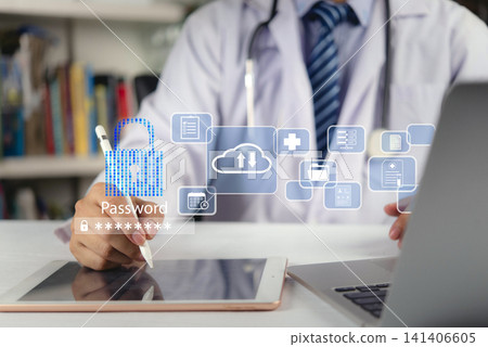 Doctor using digital tablet with password padlock and cloud data icons. Concept of medical cybersecurity, healthcare information privacy, hospital network protection and smart clinical technology. Doctor using digital tablet with password padlock and cloud data icons. Concept of medical cybersecurity, healthcare information privacy, hospital network protection and smart clinical technology. 141406605