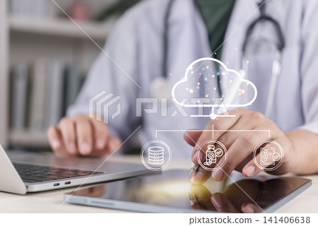Doctor using digital tablet with medical cloud computing technology icons. Electronic health record EMR, healthcare digital database system, and online patient medical history storage network. Doctor using digital tablet with medical cloud computing technology icons. Electronic health record EMR, healthcare digital database system, and online patient medical history storage network. 141406638