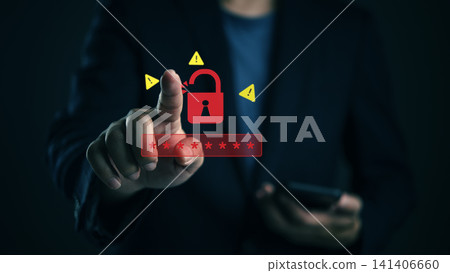 Businessman touching virtual screen with red open padlock icon and warning signs. Concept of cybersecurity breach, system hacking, wrong password, and data vulnerability. Businessman touching virtual screen with red open padlock icon and warning signs. Concept of cybersecurity breach, system hacking, wrong password, and data vulnerability. 141406660