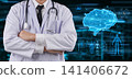 Smart doctor with crossed arms standing with virtual AI brain and anatomical hologram. Concept of Artificial Intelligence in healthcare, machine learning diagnosis, and future medical technology. 141406672