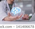 Doctor hand holding virtual brain with AI text and medical icons over laptop. Concept of Artificial Intelligence in Healthcare, machine learning diagnosis, and smart hospital technology. 141406678