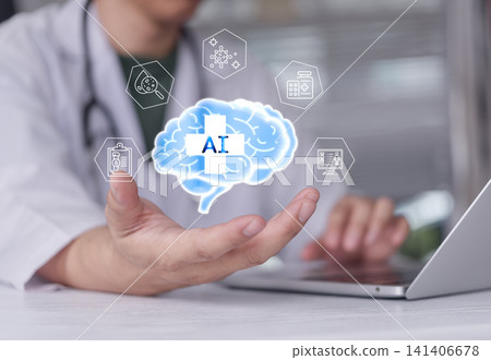 Doctor hand holding virtual brain with AI text and medical icons over laptop. Concept of Artificial Intelligence in Healthcare, machine learning diagnosis, and smart hospital technology. Doctor hand holding virtual brain with AI text and medical icons over laptop. Concept of Artificial Intelligence in Healthcare, machine learning diagnosis, and smart hospital technology. 141406678