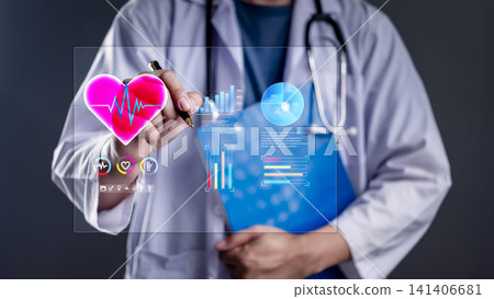 Doctor using digital interface with heart rate monitor and medical charts. Cardiologist analyzing ECG data on a futuristic holographic screen for diagnosis and smart healthcare concept. 141406681