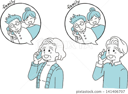 Illustration set of elderly men and women making phone calls to their families (senior, monitoring, crime prevention, 2-color, full color) 141406707