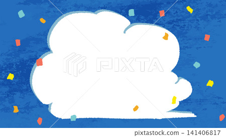 雲朵圖案留白橫幅模板:手繪插圖,藍天背景,五彩紙屑飄落。 雲朵圖案留白橫幅模板:手繪插圖,藍天背景,五彩紙屑飄落。 141406817