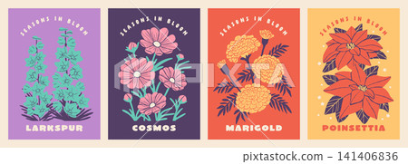 Floral greeting card design: Larkspur, cosmos, marigold, poinsettia Floral greeting card design: Larkspur, cosmos, marigold, poinsettia 141406836
