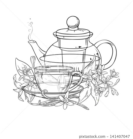 Vanilla Tea in Teapot Outline Illustration. Vanilla Tea in Teapot Outline Illustration. 141407047