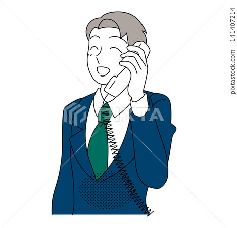 A smiling male call center operator answering calls on a landline phone. A smiling male call center operator answering calls on a landline phone. 141407214