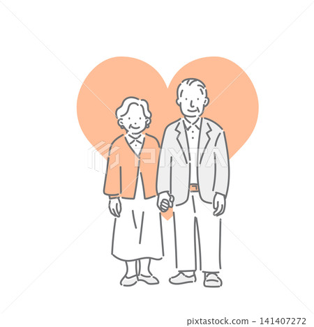 A smiling senior couple standing hand in hand - a simple and stylish line drawing illustration. A smiling senior couple standing hand in hand - a simple and stylish line drawing illustration. 141407272