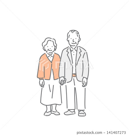 A smiling senior couple standing hand in hand - a simple and stylish line drawing illustration. 141407273