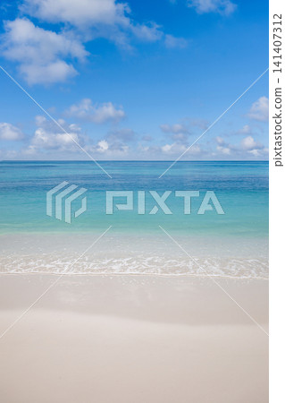 Amazing gentle turquoise water white sand under blue sky empty tropical beach shoreline soft wave. Perfect summer travel landscape paradise coastline minimal. Peaceful nature copy space scenic 141407312