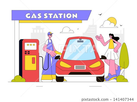 Gas Station Vector Illustration Featuring Fuel Service, Petrol Station, Car Refueling, Energy Supply, Gas Pumps, and Transportation Infrastructure Gas Station Vector Illustration Featuring Fuel Service, Petrol Station, Car Refueling, Energy Supply, Gas Pumps, and Transportation Infrastructure 141407344