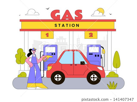 Gas Station Vector Illustration Featuring Fuel Service, Petrol Station, Car Refueling, Energy Supply, Gas Pumps, and Transportation Infrastructure Gas Station Vector Illustration Featuring Fuel Service, Petrol Station, Car Refueling, Energy Supply, Gas Pumps, and Transportation Infrastructure 141407347