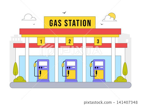 Gas Station Vector Illustration Featuring Fuel Service, Petrol Station, Car Refueling, Energy Supply, Gas Pumps, and Transportation Infrastructure Gas Station Vector Illustration Featuring Fuel Service, Petrol Station, Car Refueling, Energy Supply, Gas Pumps, and Transportation Infrastructure 141407348