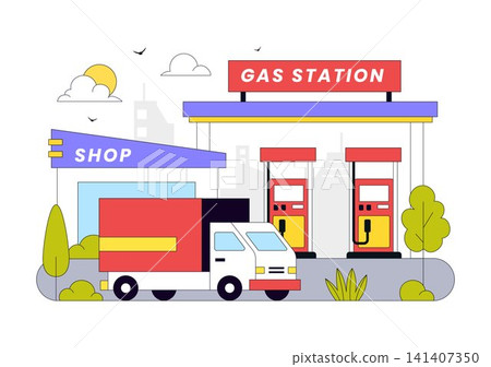 Gas Station Vector Illustration Featuring Fuel Service, Petrol Station, Car Refueling, Energy Supply, Gas Pumps, and Transportation Infrastructure Gas Station Vector Illustration Featuring Fuel Service, Petrol Station, Car Refueling, Energy Supply, Gas Pumps, and Transportation Infrastructure 141407350