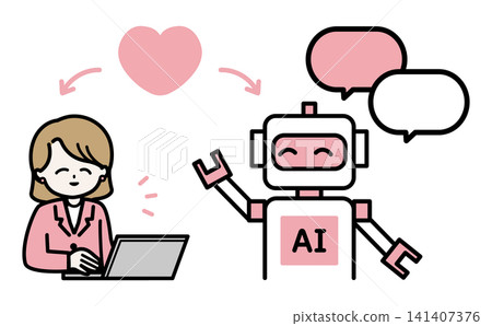 An illustration of a woman smiling and communicating with an AI robot. Friendly pink color scheme. Vector illustration. An illustration of a woman smiling and communicating with an AI robot. Friendly pink color scheme. Vector illustration. 141407376