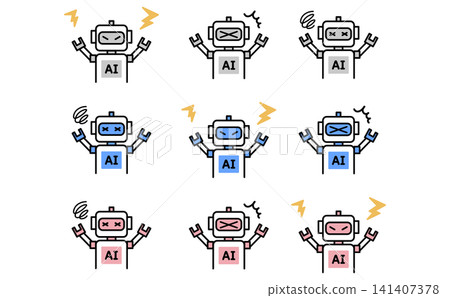 A set of color icons representing errors and troubles in an AI robot, showing expressions such as anger, confusion, malfunction, and freezing. 141407378
