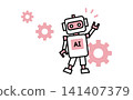 AI 機器人和齒輪協同工作以實現業務自動化和系統建構的示意圖（粉紅色向量圖）。 141407379
