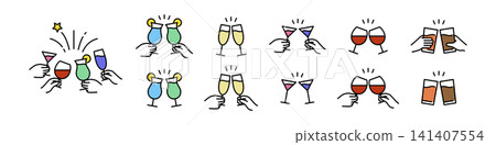 一組描繪舉杯飲酒場景的插圖。 141407554