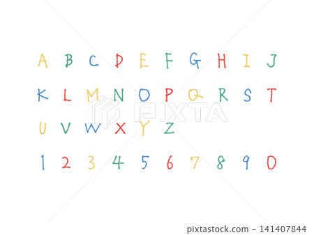 A stylish, hand-drawn set of alphabet letters and numbers (colorful). 141407844