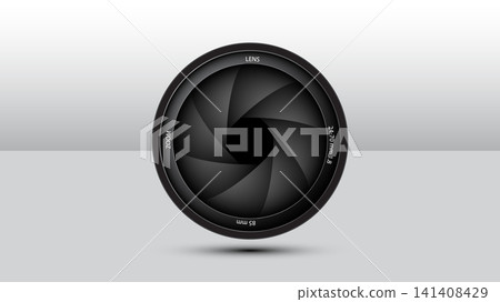 Realistic camera objective photo lens with aperture shutter blades on a gradient background Realistic camera objective photo lens with aperture shutter blades on a gradient background 141408429