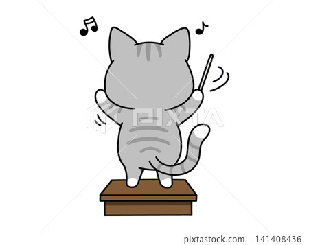 An illustration of a cat with its back to the camera conducting an orchestra or choir. An illustration of a cat with its back to the camera conducting an orchestra or choir. 141408436