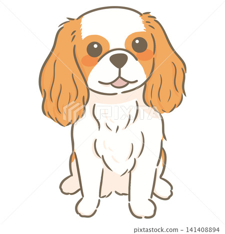 一幅手繪線條藝術插圖，描繪了一隻坐著向前看的查理王小獵犬。 141408894