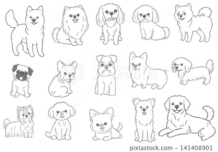 Line art illustrations of 15 different dog breeds, suitable for use in pet shops, veterinary clinics, and other pet-related businesses. Line art illustrations of 15 different dog breeds, suitable for use in pet shops, veterinary clinics, and other pet-related businesses. 141408901