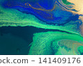 Abstract Original Hand Drawn Blue Wave and Gold Glitter Liquid Inks Illustration. Agate Artwork Imitation. 141409176
