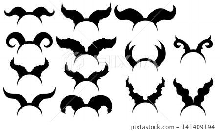Vector set of black silhouette of hair band with various devil horns. Mythology accessories for hair. Collection of shadow of headband fantasy horns Vector set of black silhouette of hair band with various devil horns. Mythology accessories for hair. Collection of shadow of headband fantasy horns 141409194