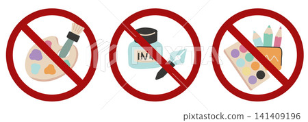 Vector set of signs prohibiting creativity. Drawing is forbidden. The use of paints, inks, and pencils in ban. Vector set of signs prohibiting creativity. Drawing is forbidden. The use of paints, inks, and pencils in ban. 141409196