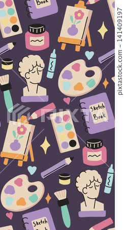 Vector seamless pattern with art supplies in a modern naive style. Texture with hand drawn paints, sculptures, palettes, brushes, easels, sketchbooks 141409197
