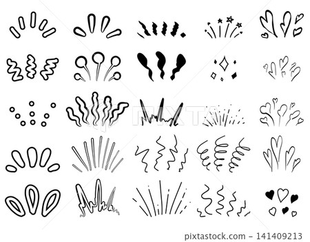 Vector set of black hand drawn explosions and burst isolated from background. Monochrome collection of marker fireworks Vector set of black hand drawn explosions and burst isolated from background. Monochrome collection of marker fireworks 141409213